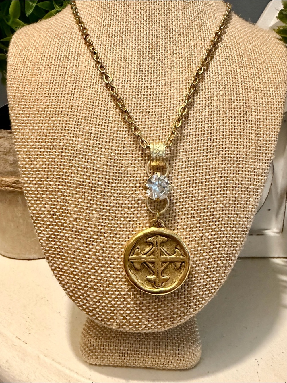 Gold Medallion Pendant Necklace with Clear Crystal Accent